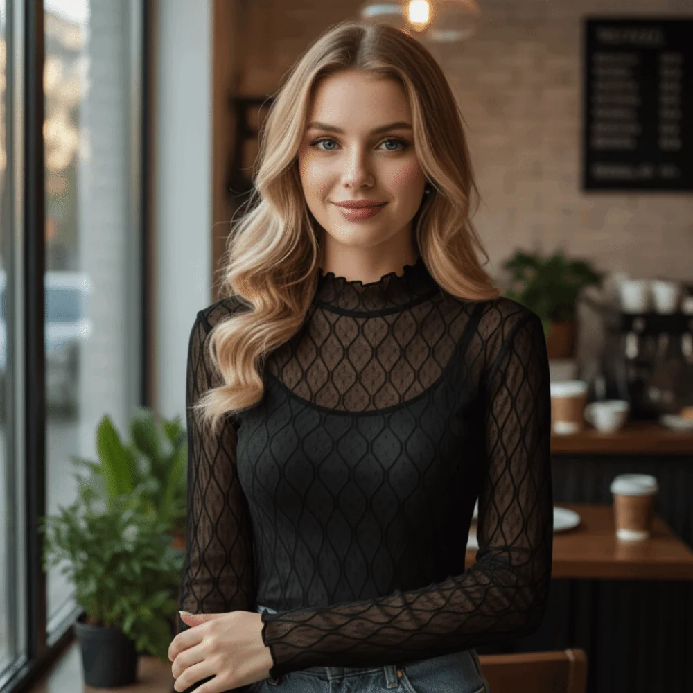 Sexy elegantes Rollkragen-Top, einfarbig, Mesh-Stoff, Spitzen-Top, hohles Muster, atmungsaktives Mesh-Top für Damen – Detail 15