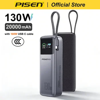 PISEN 130W Tablets Super Fast Charging Power Bank 20000mAh With Type C Cable External Battery for Laptop Notebook IPhone Macbook