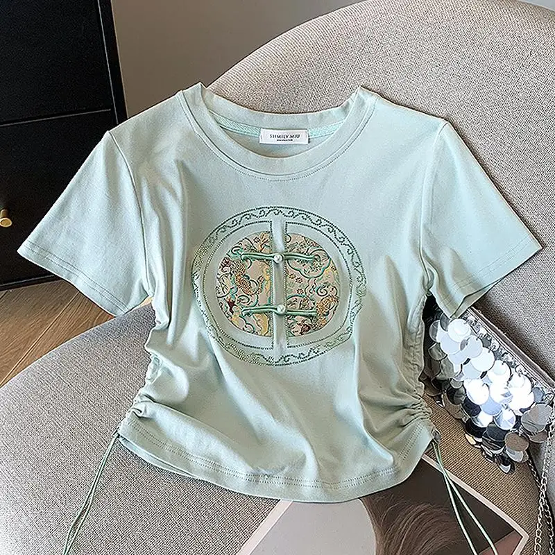 

New Summer Short Sleeve T-shirt Women O-Neck green Shirt Women Tops Blusas Mujer De Moda 2024 Verano Embroidered T-shirt cloth