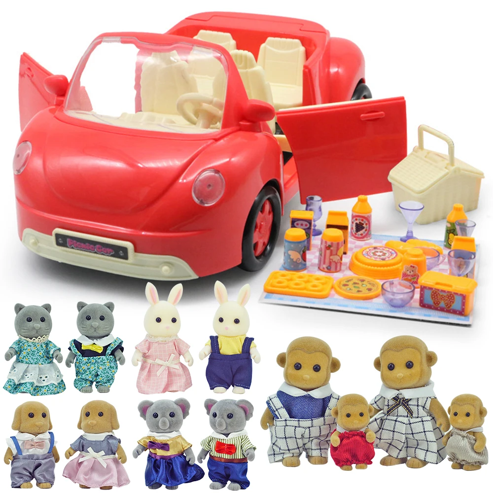 Forest Animal Family 1:12 Dollhouse Red Car Elephant Action Figure Furniture Autobus Pretend Play House Toy Girl Birthday Gift 6
