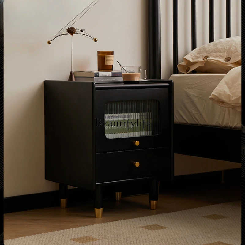 

Bedroom Solid Wood Bedside Cabinet Small Apartment Locker Multi-Functional Light Luxury Black