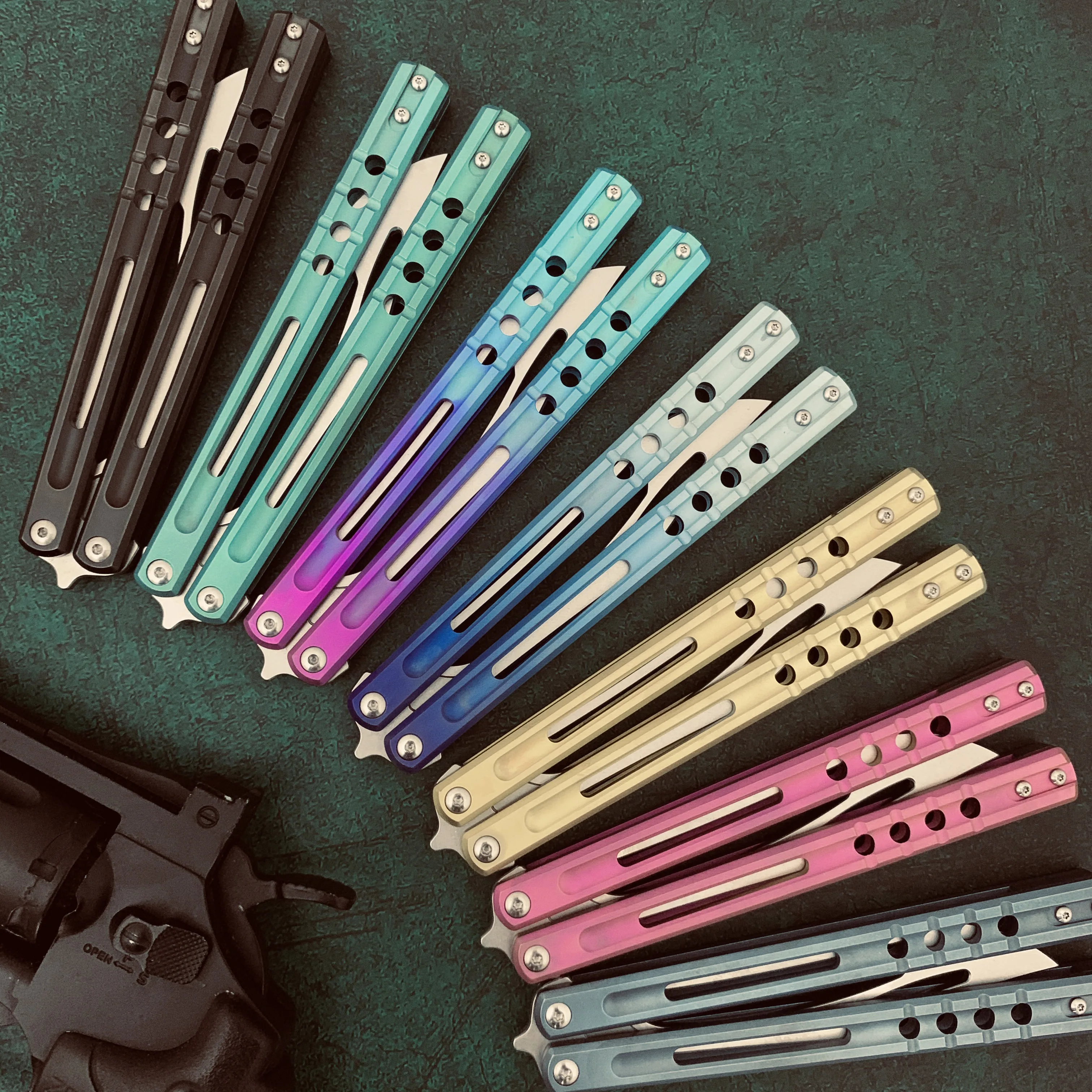 JK Design Orca TheOne Clone EDC Balisong Trainer Titanium Sandwich Handle Butterfly Training 