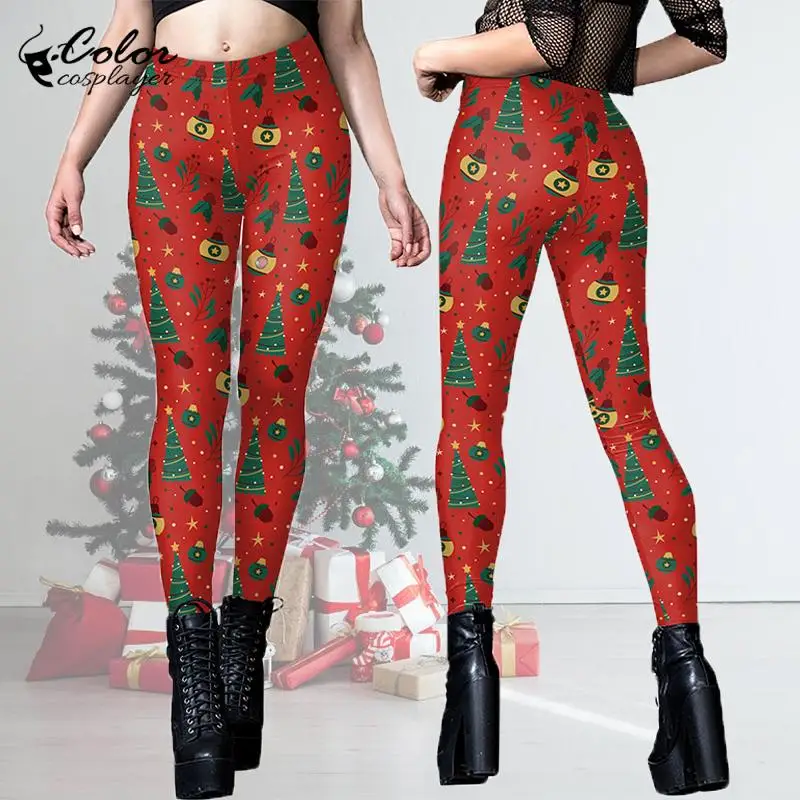 

Цветные Красные Рождественские Леггинсы для женщин, праздничные брюки для фантазии, облегающие брюки, женская одежда для взрослых