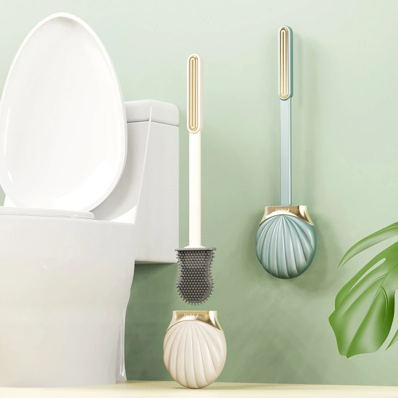 Silicone Toilet Brush Long Handle Flat Toilet Brush With Shell Shape Bracket Dead Angle Cleaning Free Punch Bathroom Accessories