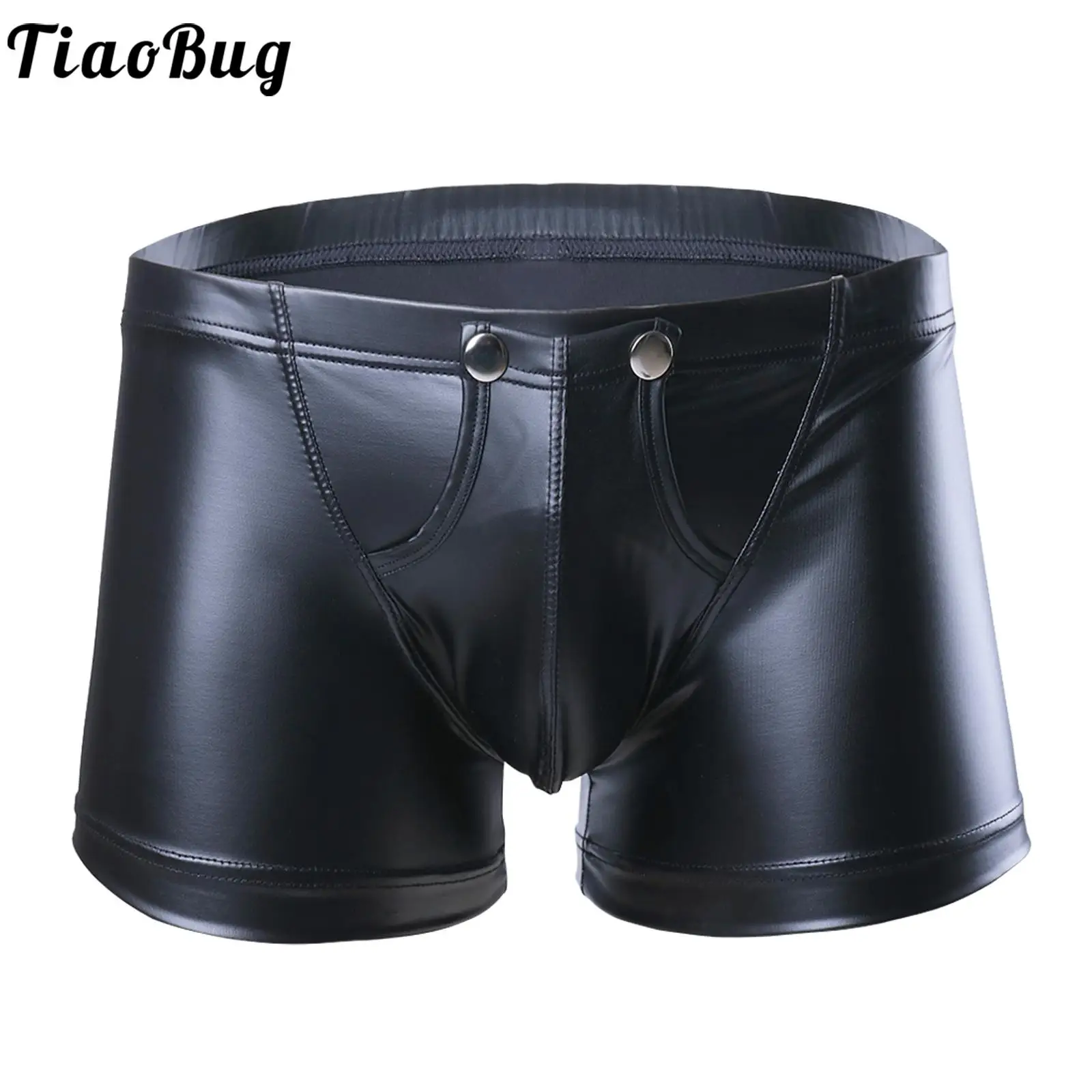 

Men's Black Wet Look Faux Leather Boxer Shorts Press Button Bulge Pouch Booty Shorts Knickers Sexy Club Wear Swimming Trunks