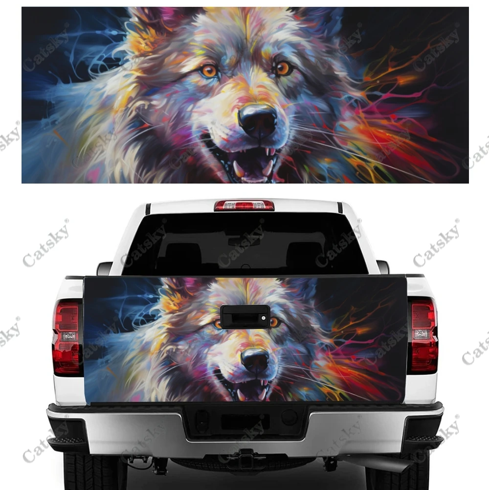 

Colorful Horned Howling Wolf Truck Tailgate Wrap Professional Grade Material Universal Fit for Full Size Trucks Weatherproof