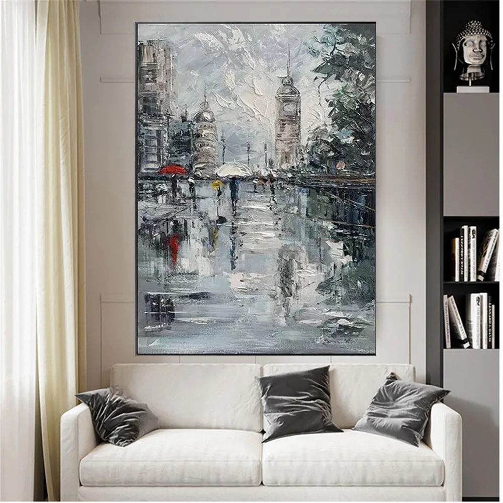 

High Quality Handmade Nordic Rain-Art City Umbrella Canvas Abstract Large Oil Painting Modern Room Home Decoration Art Wall Fash