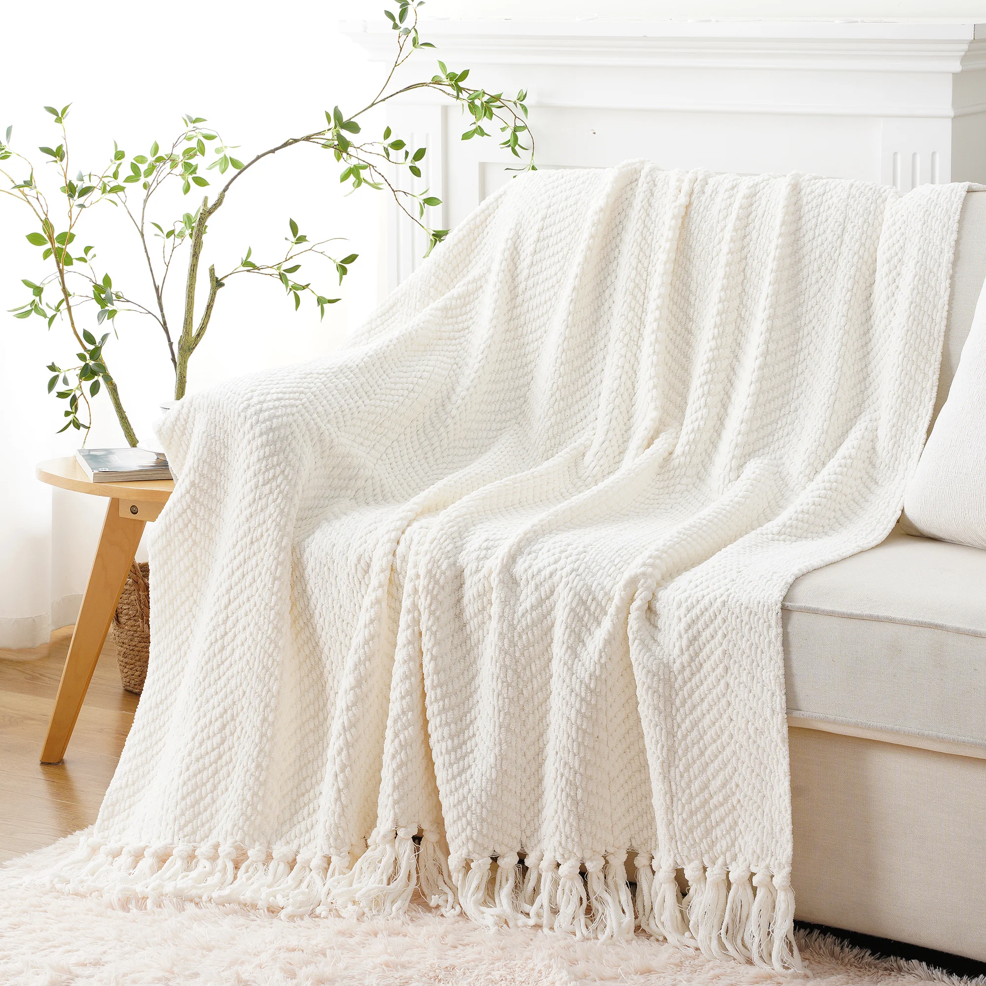 Battilo Chenille Knitted Throw Blanket for Couch Soft Thick Decorative Sofa Blanket Plaid Bed Throws Spring Living Room Decor