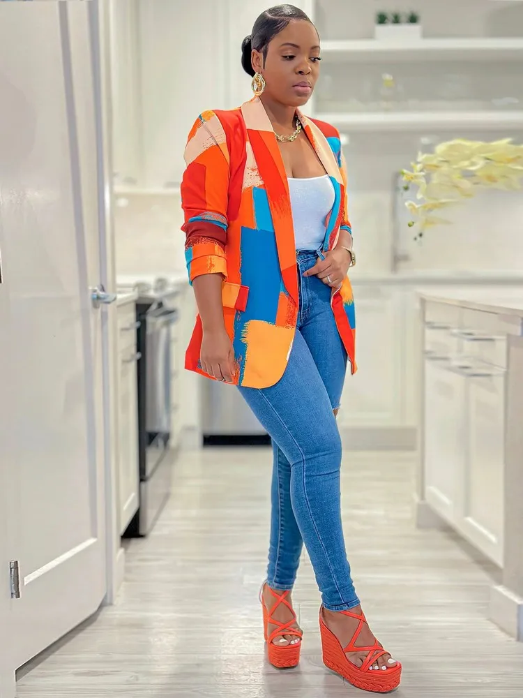 

Office Lady Aesthetic Printing Business Suit Coats Color Block Formal Clothing For Women Turn Down Collar V Neck Suit Jackets