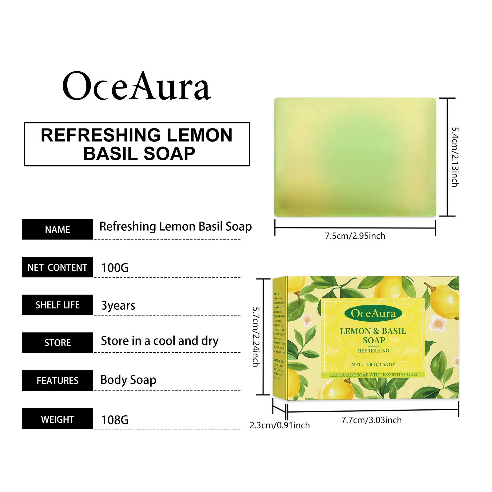 Description Picture 2 of itemLemon Refreshing Basil Soap Deep Exfoliating Moisturizing Soft Skin Darkness Remover Oil Eliminating Body Odor Great Skin 100g