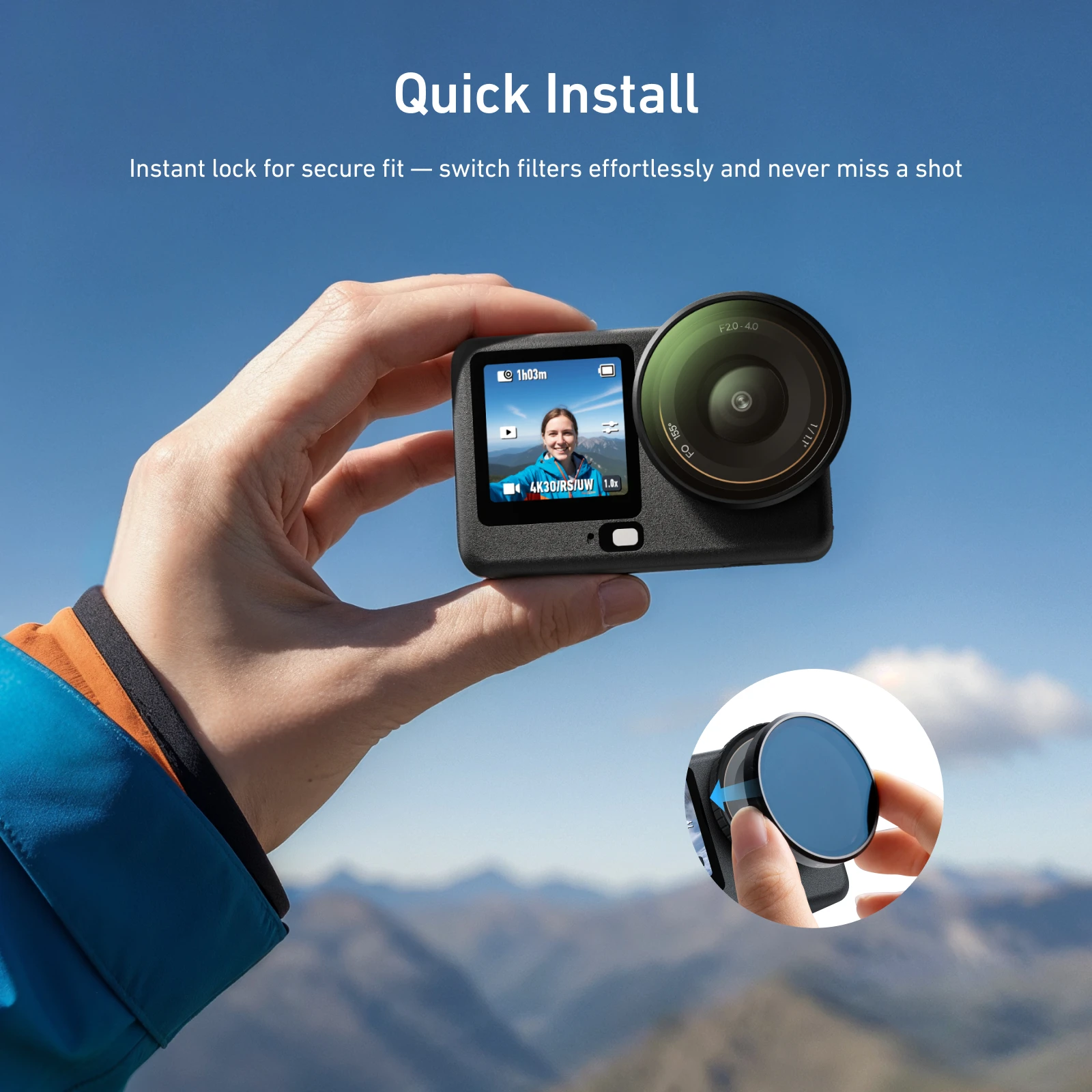 Kit de filtres objectif CPL VND ND pour caméras action GoPro DJI Osmo, installé sur une GoPro, prêt à filmer en extérieur