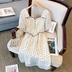 150Kg Plus Size Women's Bust 147 Summer Loose One Line Neck Floral Bow A-Line Dress Apricot 4XL 5XL 6XL 7XL 8XL 9XL