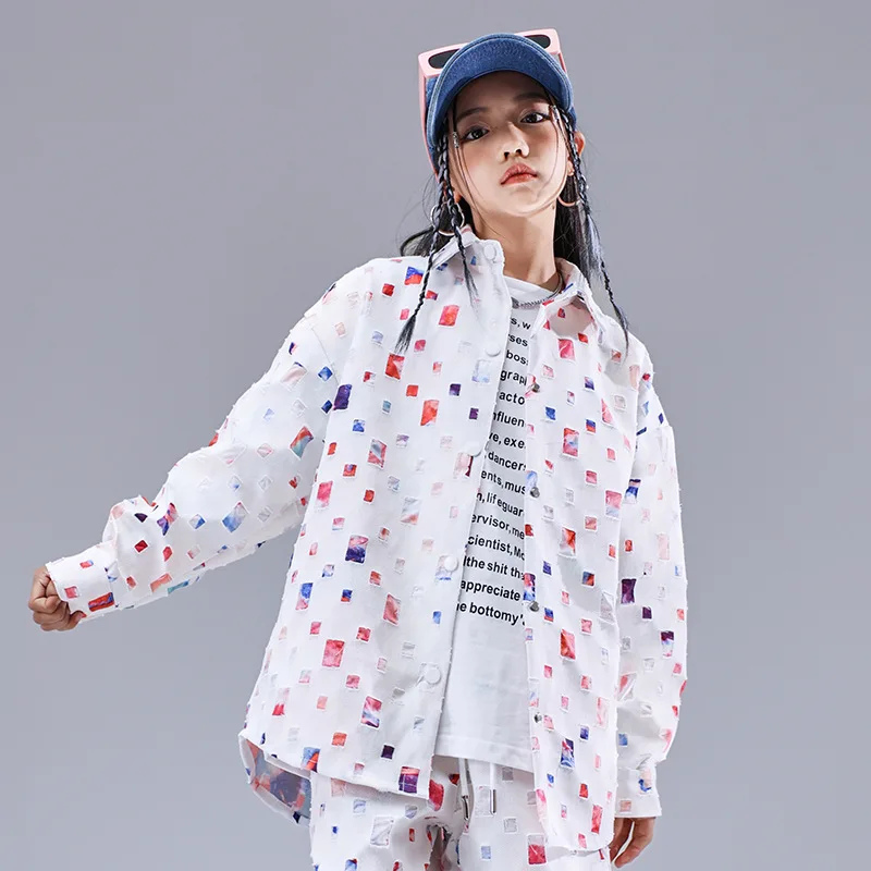 Kids Kpop Hip Hop Clothing Starry Sky Print with Hole Suit Streetwear Top Cargo Pants for Girls Boys Jazz Dance Costume Clothes