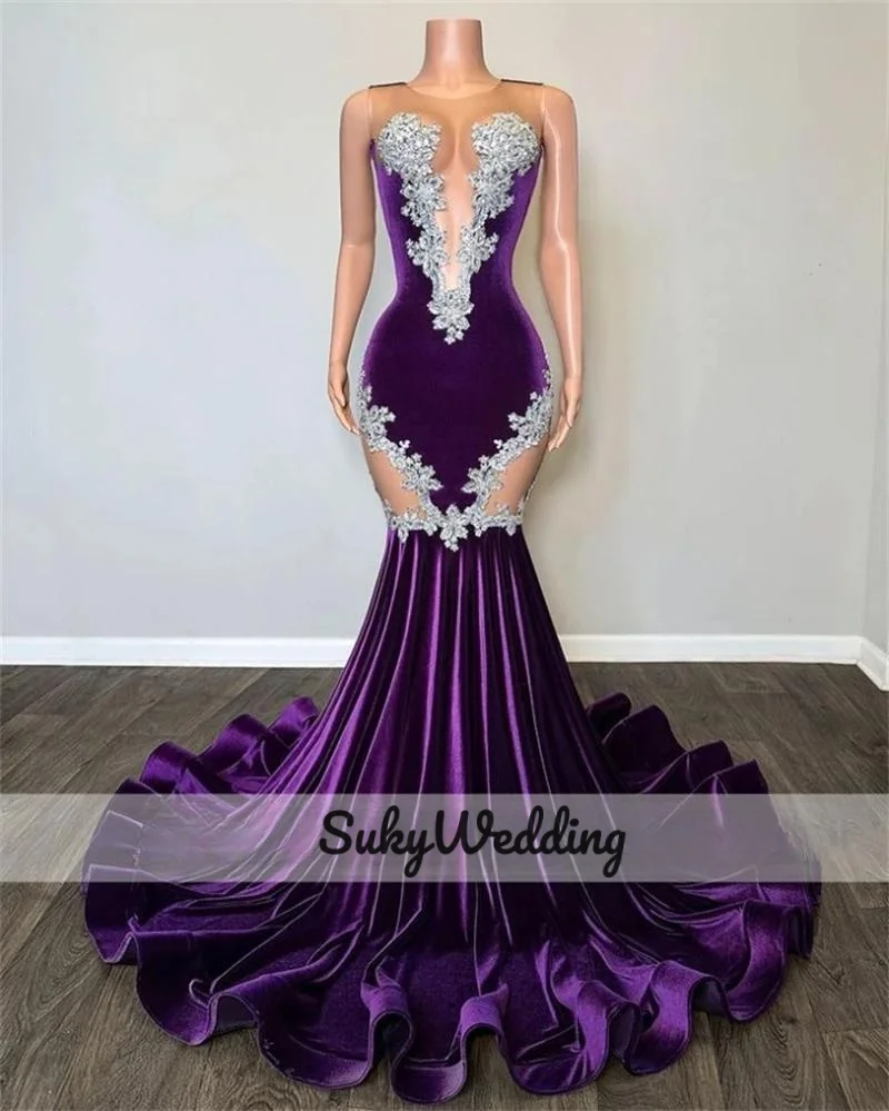 

Sexy Purple Velvet Mermaid Black Girl Prom Dresses Lace Appliques Beads Sheer Crew Graduation Party Formal Occasion Dresses