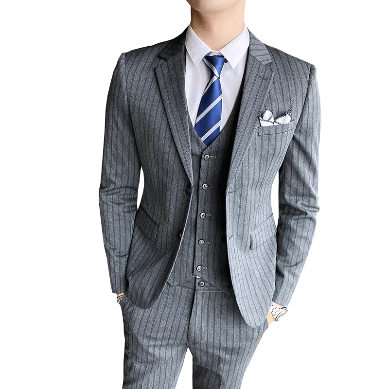 

Мужские костюмы в полоску из 3 предметов, свадебные костюмы, деловые повседневные Костюмы, деловые костюмы, пальто + брюки + жилет