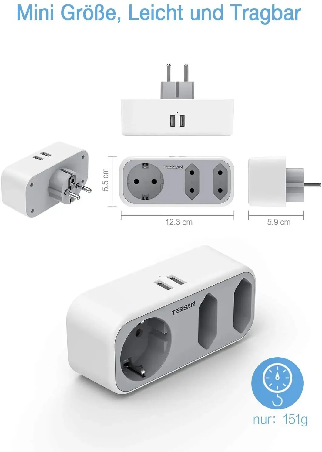 TESSAN EU Plug Wall Socket Extender with 3 AC Outlets +2 USB Ports 5V 2.4A Adapter 5-in-1 Plug Socket with Overload Protection power strip plug adapter electrical socket power socket wall socket extender