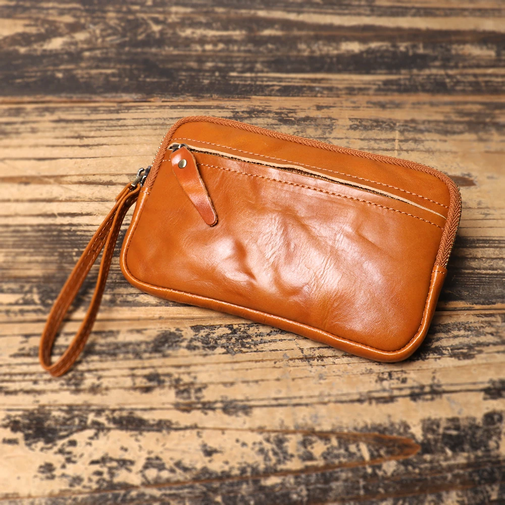 

Vegetable Tanned Leather Zipper Purse Cowhide Zero Wallet Large Capacity Card Bag Leather Storage Bag Key Bags