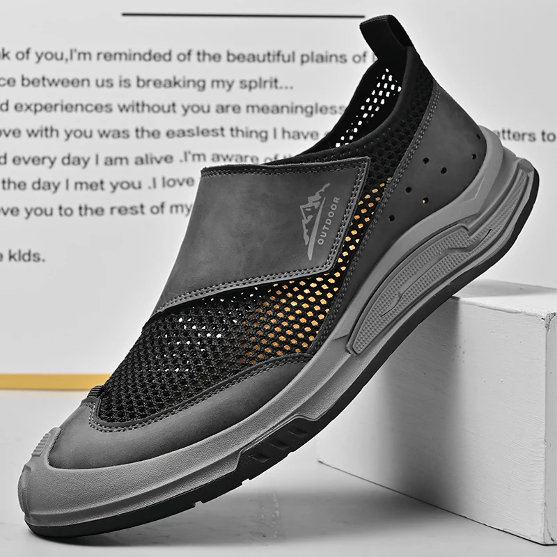 Handmade Leather Men's Slip on Shoes Outdoor Casual Loafers Moccasins Soft-Soled Walking Mesh Shoes Non-Slip Male Driving Shoes 4