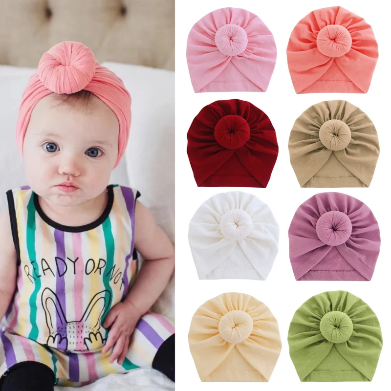 

Cute Baby Girls Donut Hat Solid Pink Beanies for Newborn Infant Hospital Hats Hair Accessories Child Cap Turban Cotton Bonnet