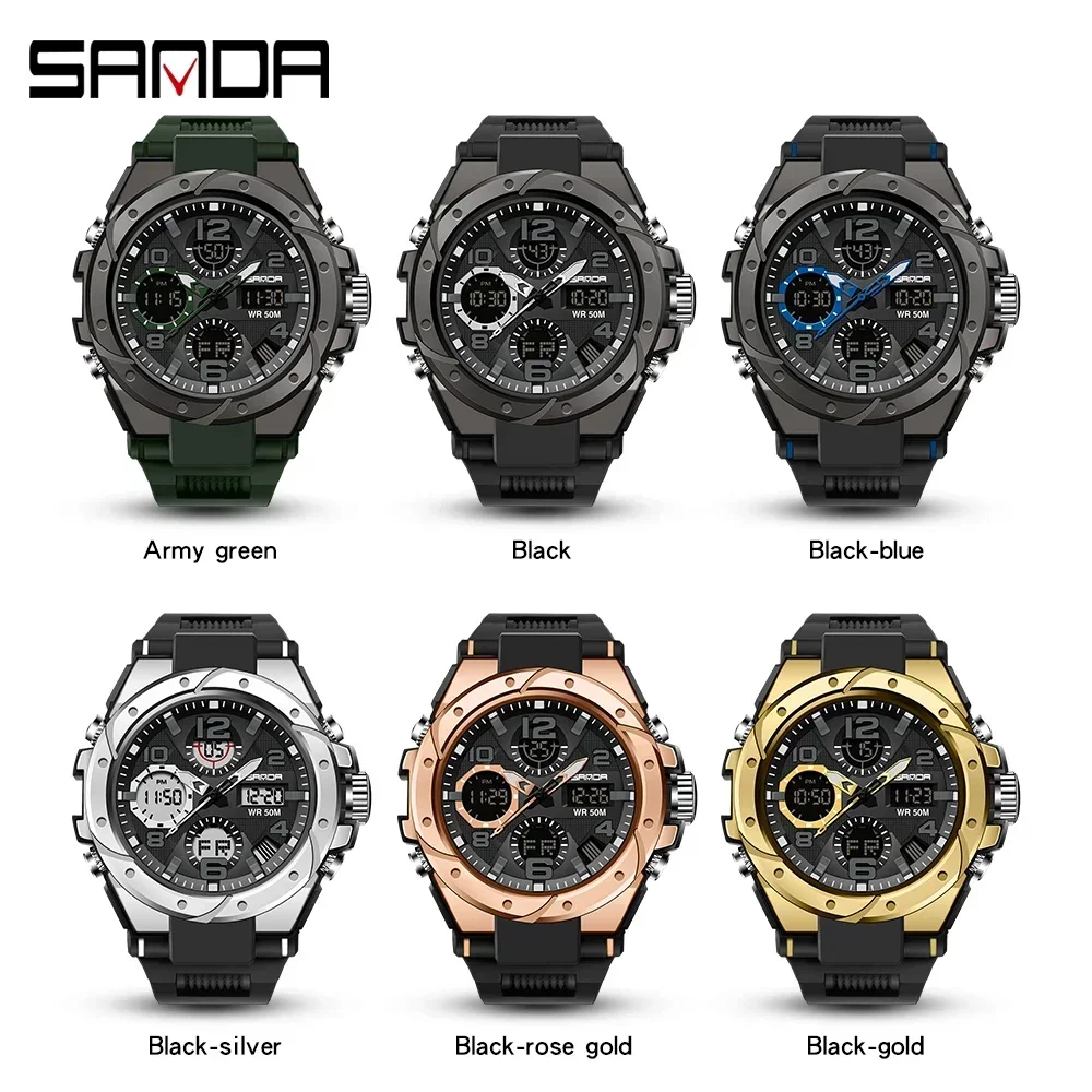 SANDA 6008 Military Outdoor Sports Waterproof Watch for Men LED Dual Display Quartz Digital Mens Wristwatches Reloj Hombre