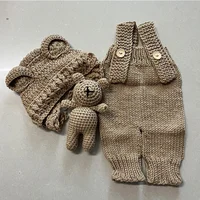 Vêtements de photographie pour nouveau-nés, barboteuse tissée à la main, pantalon, chapeau d'ours et poupées d'ours, accessoires de décoration, tenues de séance photo pour bébé, 3 pièces/ensembles 3