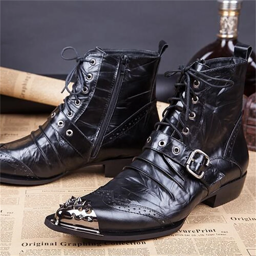 

Black Buckle With Metal Lace-Up Genuine Leather High Heels Pointed Toe Boots Male Plus Size Party Cowboy Wedding Dress Shoes