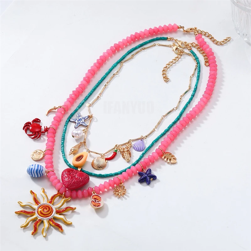 2025 New Colorful Resin Beaded Charms Necklaces for Women Summer Ocean Vacation Style Beach Party Jewelry Neck Accessories 2