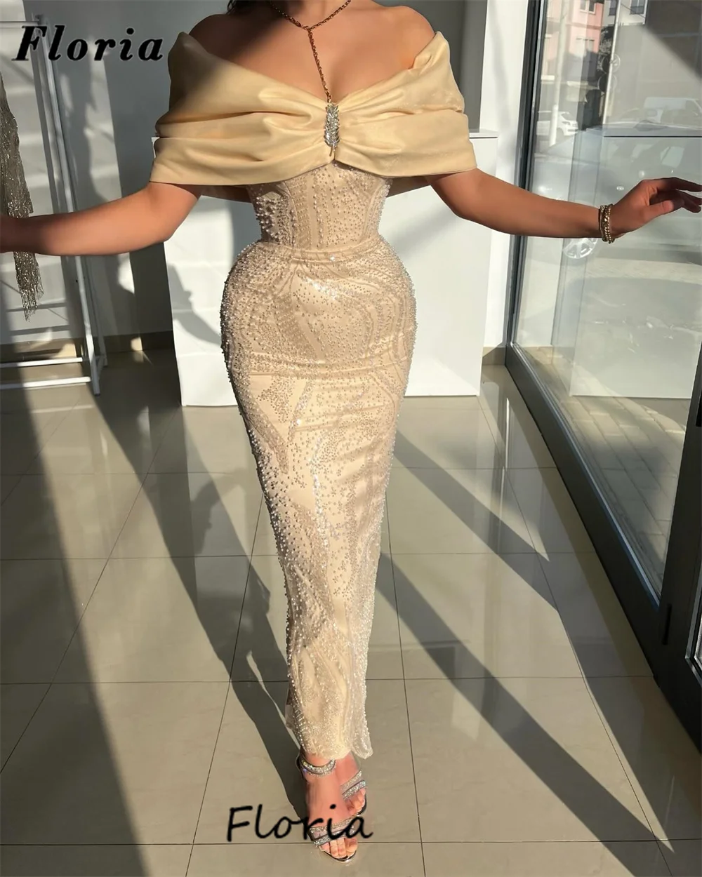 

Aso Ebi Champagne Straight Evening Dresses Haute Coutures Off Shoulder Wedding Party Dress Vestidos Dubai Beaded Cocktail Gowns
