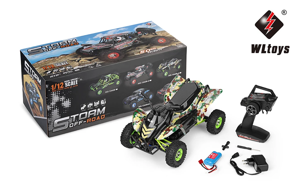 WLtoys 12428-A RC Motorcycle, WLtoys 12428-A 1/12 4WD RC motorcycle for off-road hill climbing with LCD remote and LED lights.