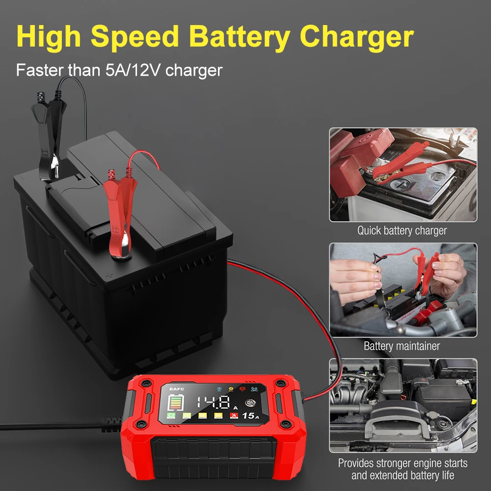 Smart 12V 15A Battery Charger with Large LCD Display for Various Vehicles and Battery Types