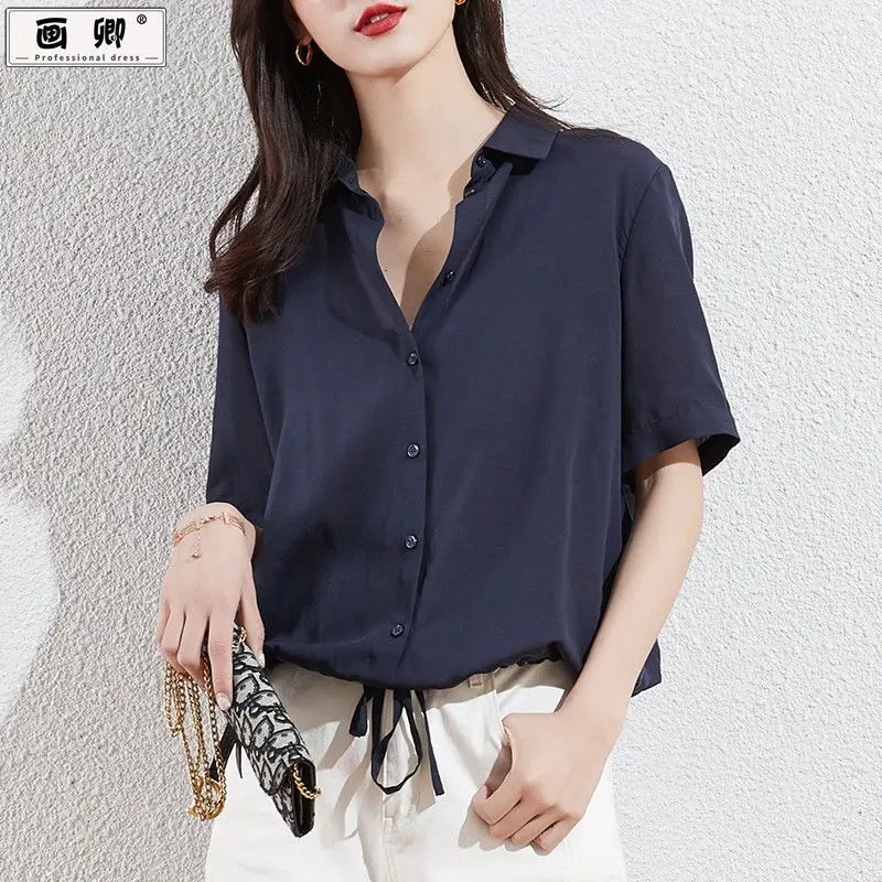 

Women Summer Simplicity Commuting Drawstring Solid Color Large Size Shirts Women Clothes Casual All-match Appear Thin Top Tee