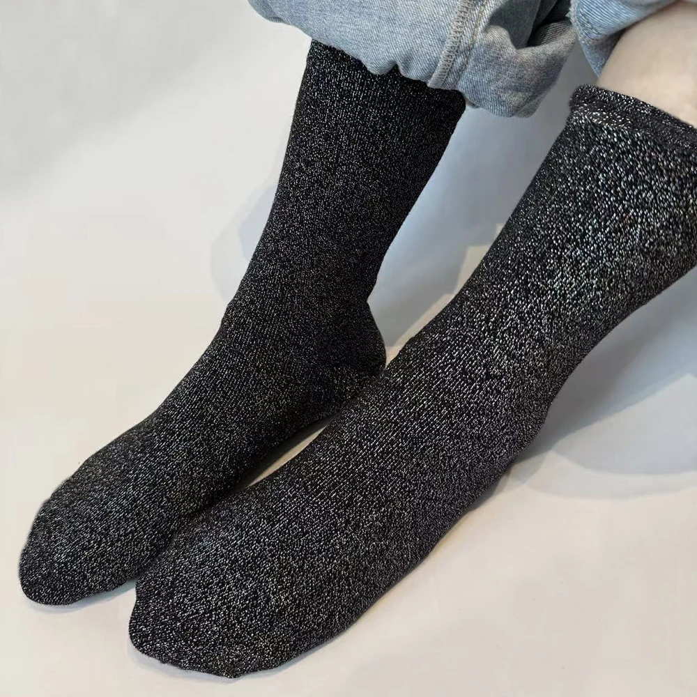 5 Paar zufällige bunte Farben, modische glänzende Socken im koreanischen Stil, Gold, Silber, Seidensocken, luxuriöses Design, hochwertige Damensocken – Detail 15