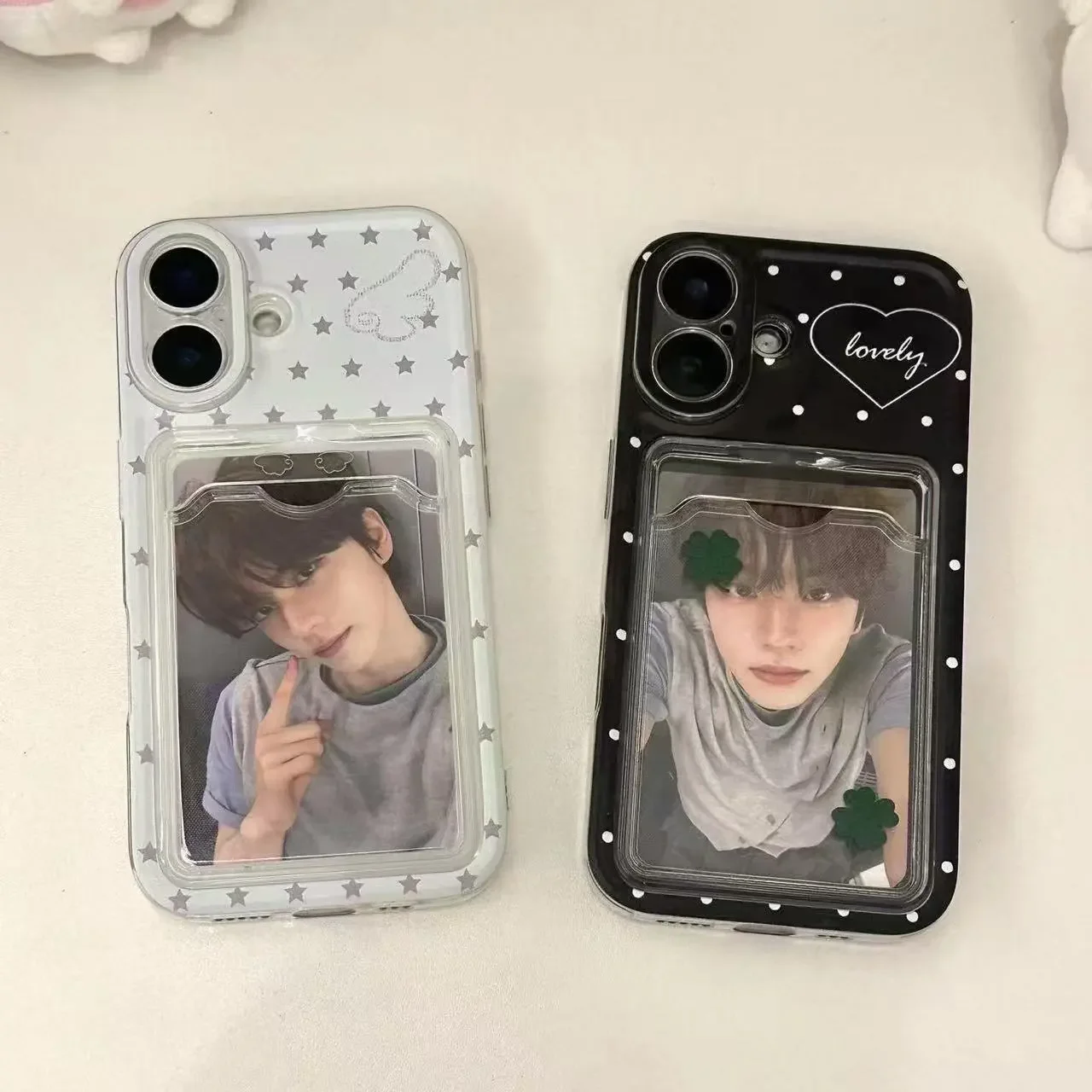 Elegant Black Polka Dot Phone Case with Card Sleeve and White Star Accents