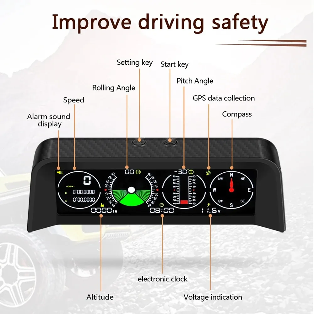 X90 GPS 속도 PMH KMH 스마트 경사계 자동차 나침반 HUD 피치 틸트 각도기 시계 위도 경도 12V