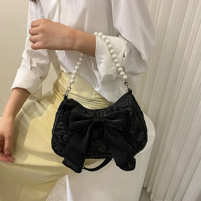 New Cute Pearl Female Bag Retro Luxury Designer Handbag Bow Crossbody Bags Fashion Y2K Vintage Women's Shoulder Bag Purses