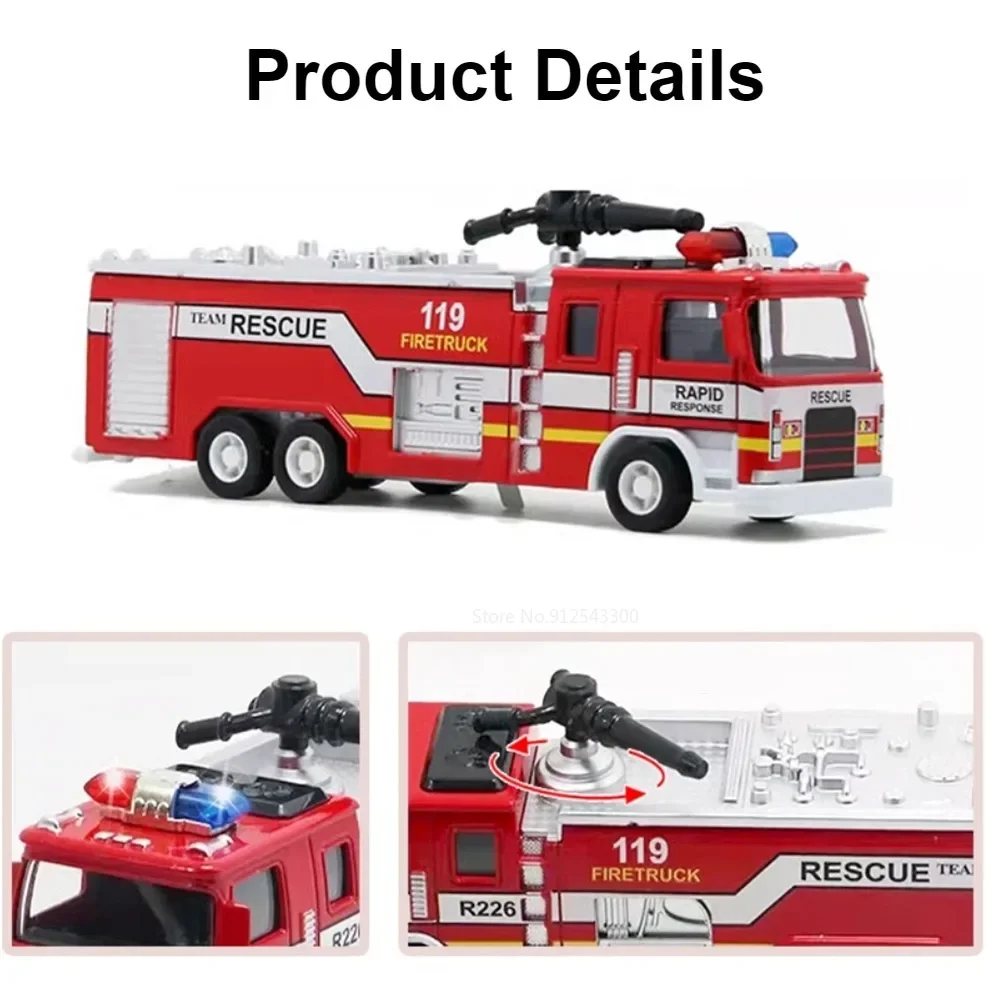 1:32 Fire Truck Model Toy Car Alloy Body Rubber Tire Music Light Pull Back Climbing Water Tank 119 Vehicles Models Toys Gifts - 2