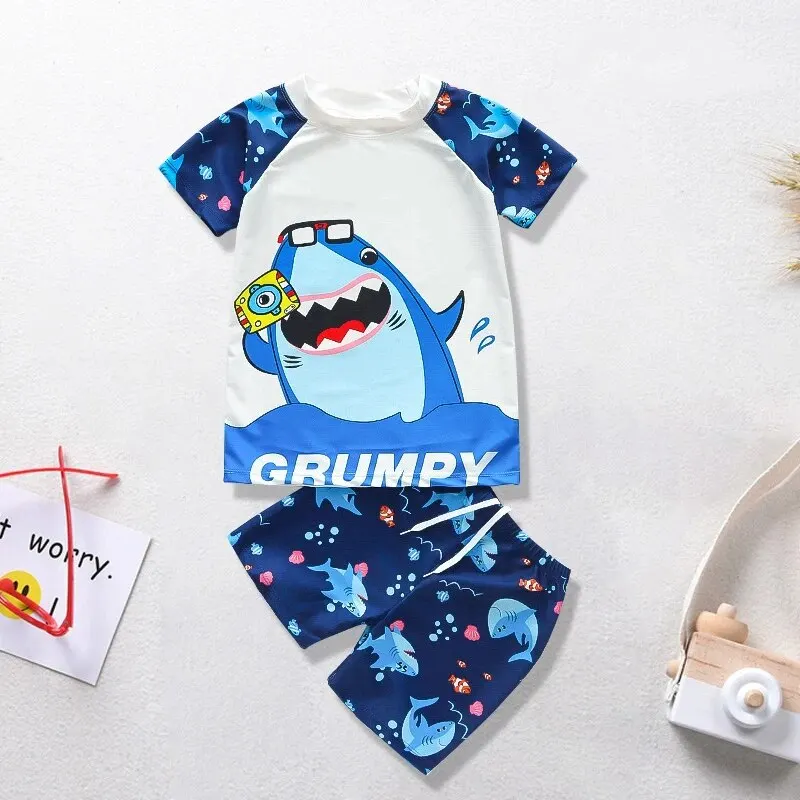 Summer Children's Swimsuit Boys Split Short Sleeve Medium Children Cartoon Cute Quick Drying Boys Swimsuit Set boys swimwear