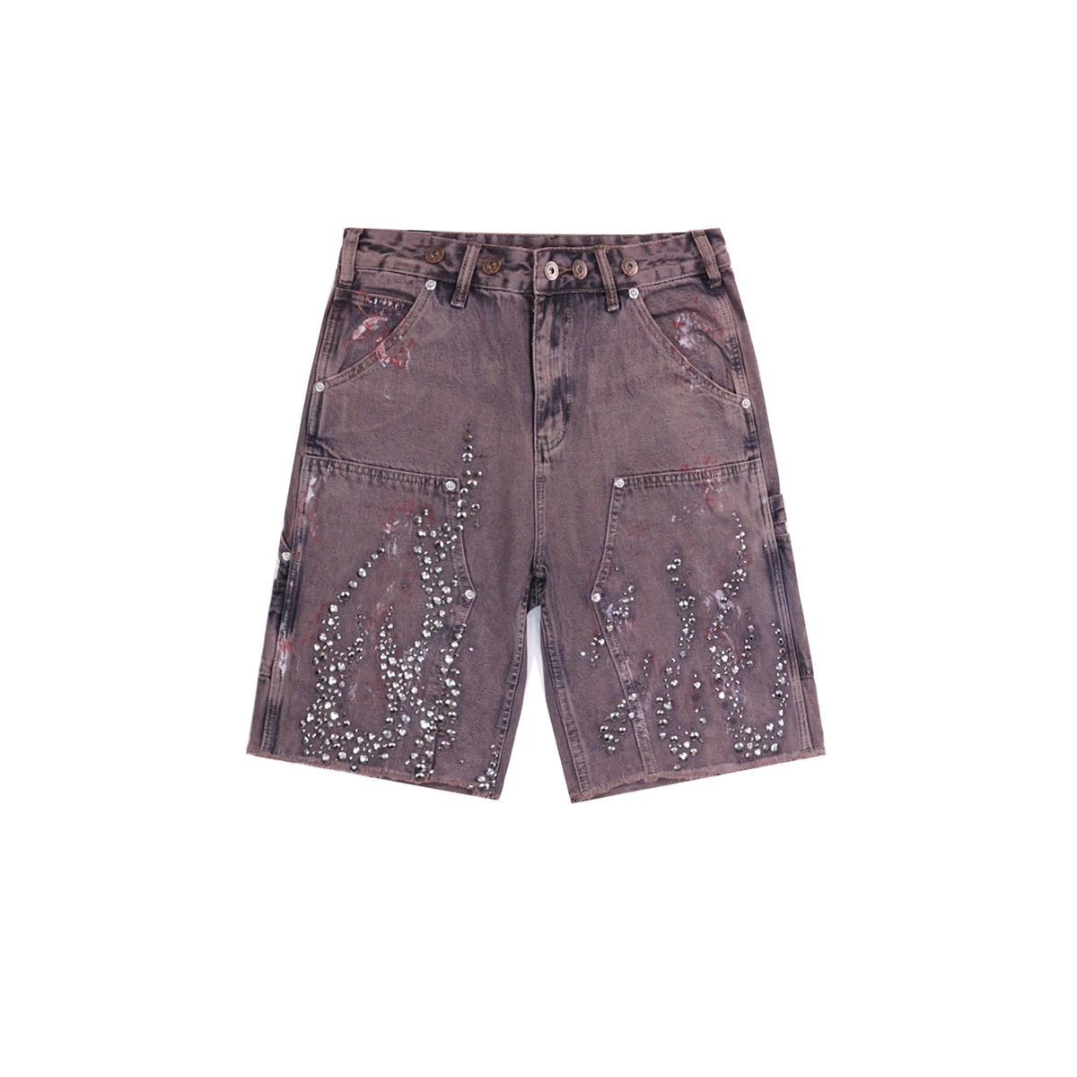 High Street Rhinestone Painted Baggy Jeans Shorts for Men Pockets Wide Leg Blue Black Loose Five Point Denim Pants Oversized