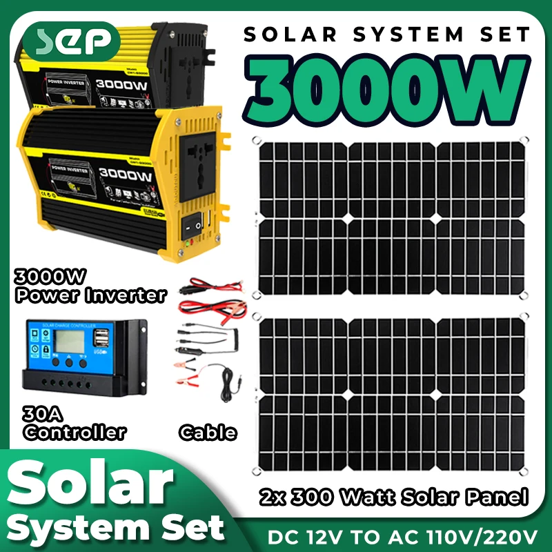 

Инвертор мощности 3000 Вт, 12 В, Солнечная пластина для зарядки аккумулятора, 30 А, контроллер солнечной энергии для кемпинга, солнечные панели 2*300 Вт, внешний аккумулятор для RV-автомобиля