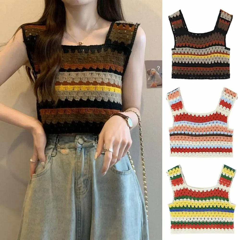 

Укороченные топы в цветную полоску, изысканные вязаные ажурные майки бикини, топ без рукавов