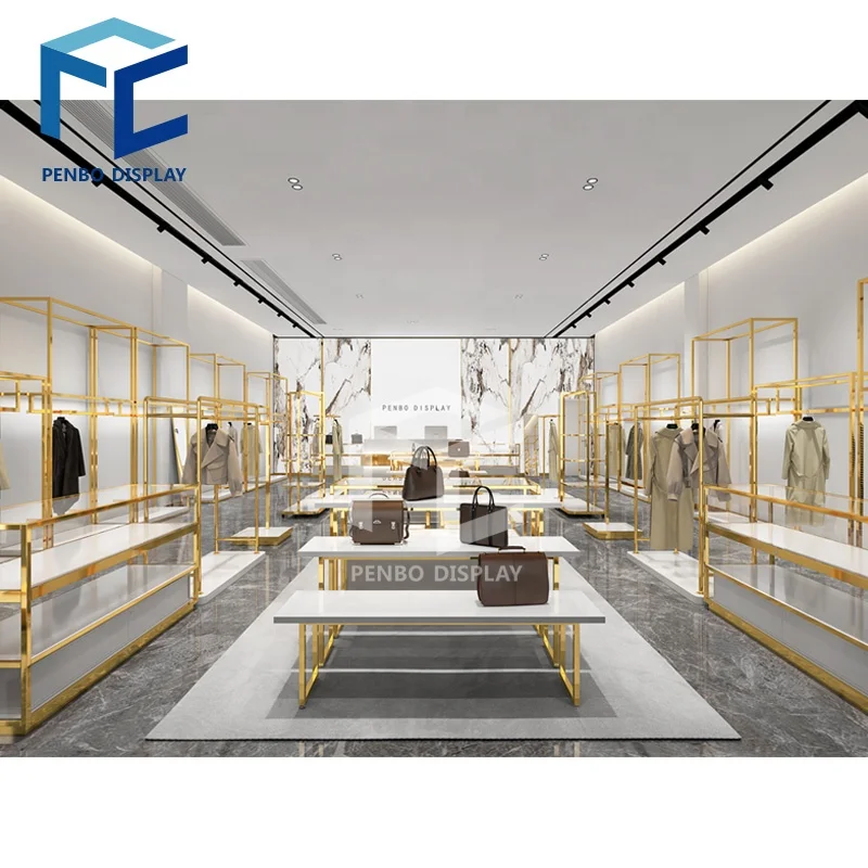 Custom , Custom Modern Garment Shop Clothing Display Table Shelf Gold Stainless Steel Shopping Mall Retail Cloth Display Racks F