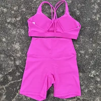 Solid Color Soft Women Gym Yoga Short Cycling Set Cross Back Gym  Bra+High Waist Short Leggings High impact shockproof Sportwear - Image 2