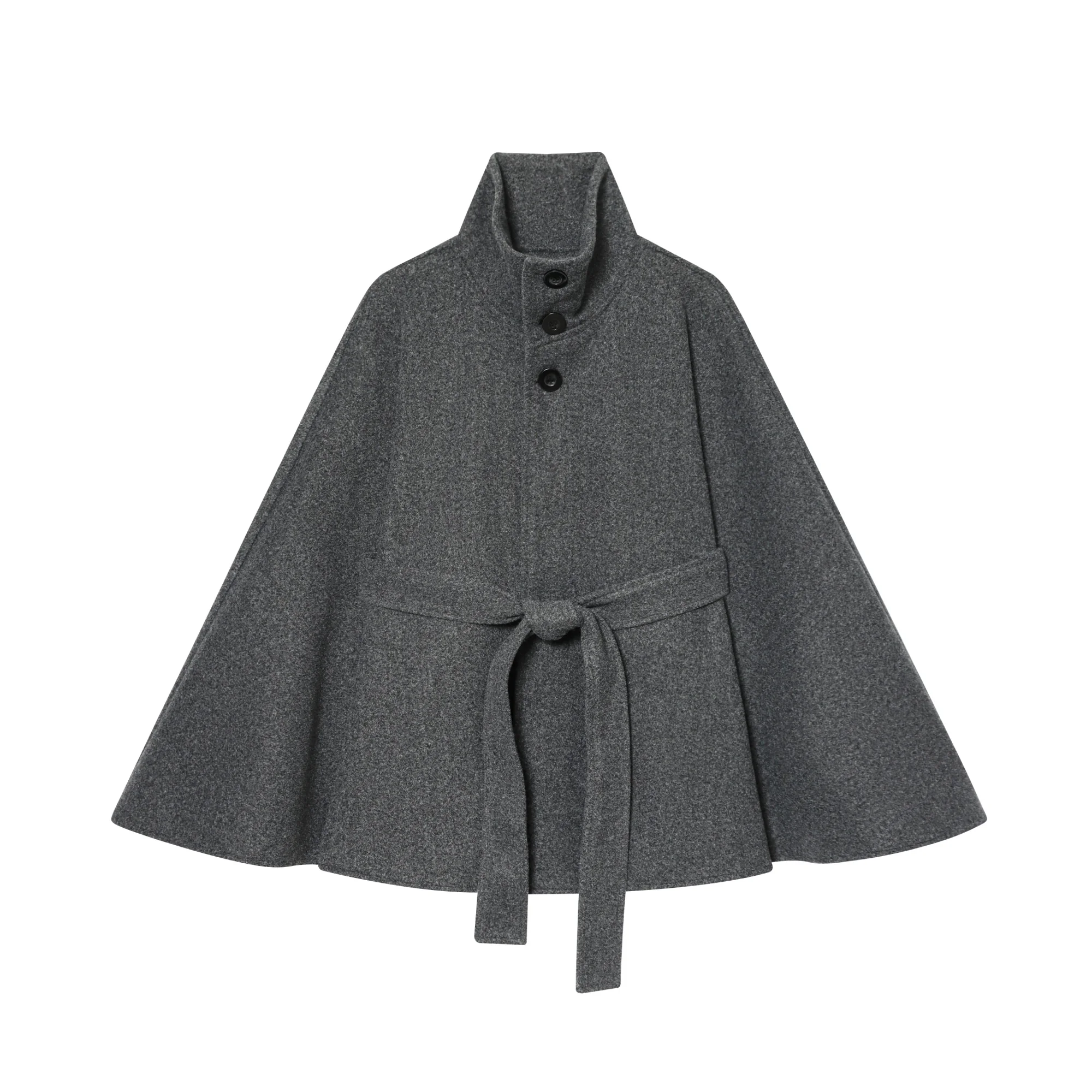 Women Gray Spring Autumn New Lace Up High Neck Jackets With Belt Wool Lose Cape Coats High Street Ladies Warm Elegant Cloak Coat