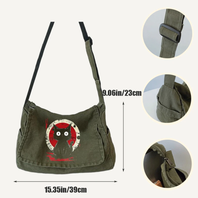 Retro Women's Shoulder Bag Cat Print Canvas Messenger Bag Large Capacity for Students Women's Crossbody Bag