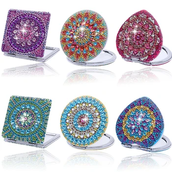 DIY 만다라 다이아몬드 아트 컴팩트 가죽 거울, 휴대용 접이식 거울 키트, 성인용 다이아몬드 페인팅 포켓 거울, 1 개/세트