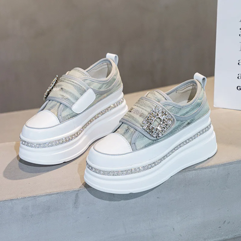 

6CM Denim Platform Wedge Genuine Leather Casual Spring Summer Autumn Comfy High Brand Chunky Sneakers Hidden Heels Shoes