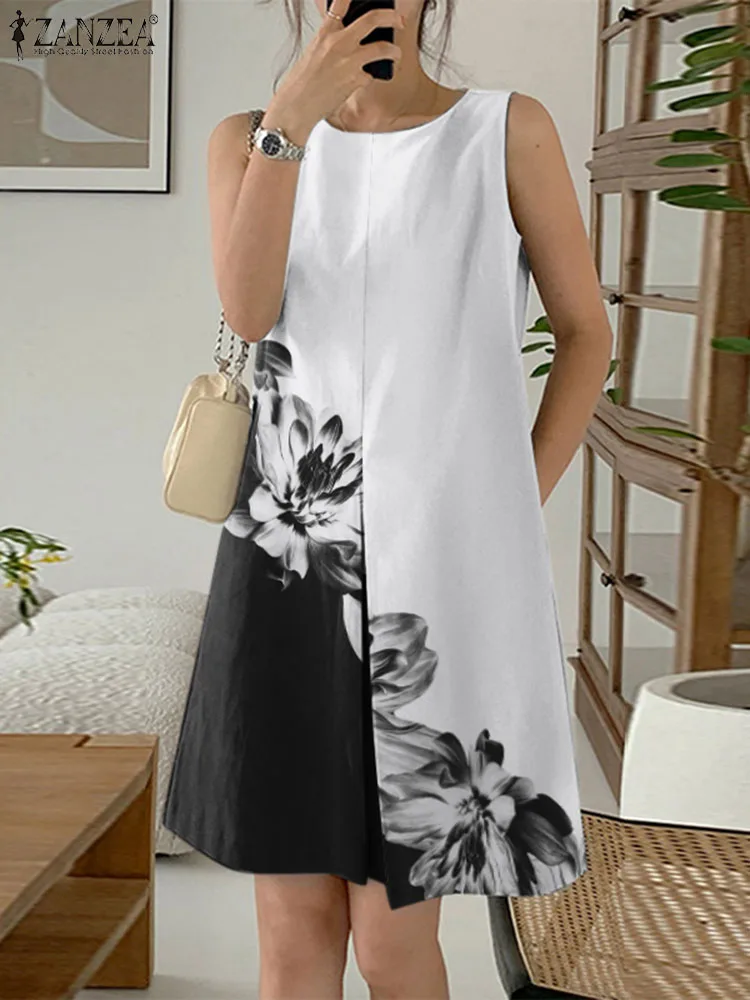 

Fashion Sleeveless Straight Sundress ZANZEA 2024 Summer Mini Dress Holiday Round Neck Robes Korean Women Pleating Printed Dress