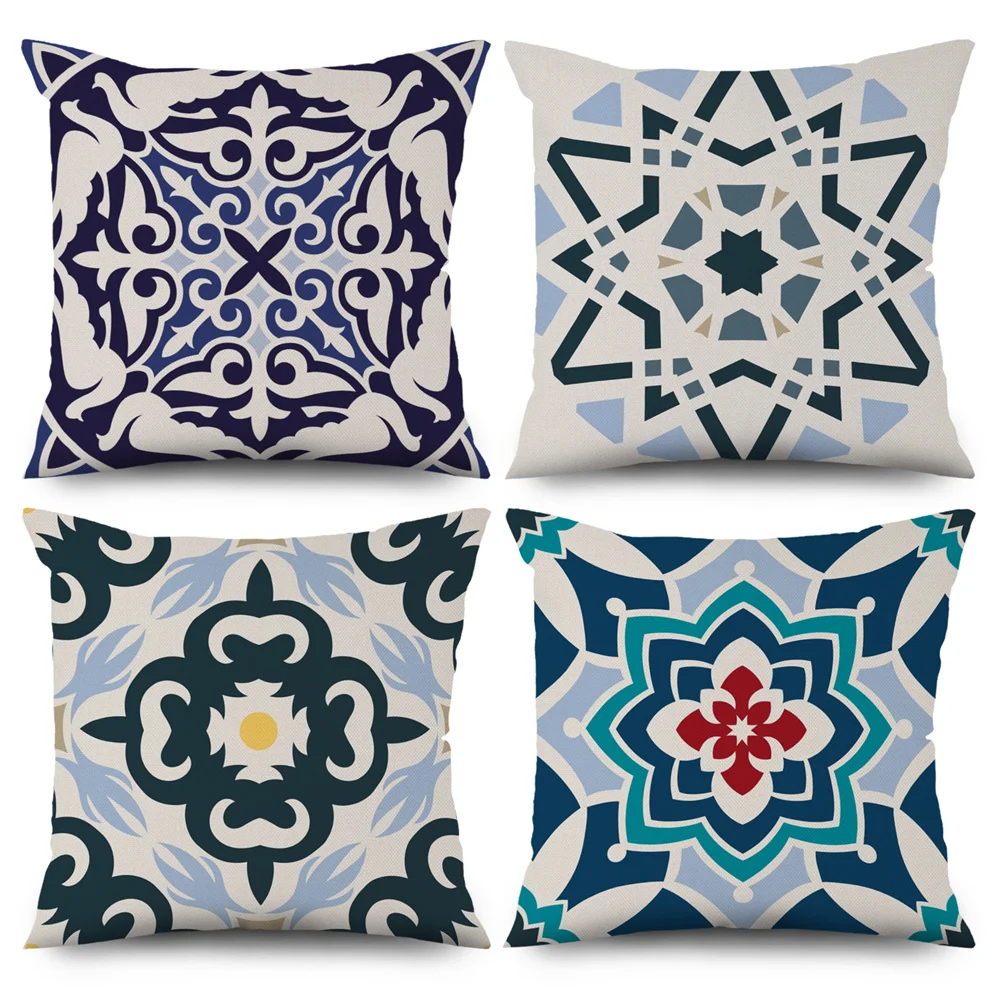 

Blue Geometric Floral Decorative Pillowcase Home Sofa Car Office Decor Throw Pillow Case Peachskin Cushion Cover kussensloop