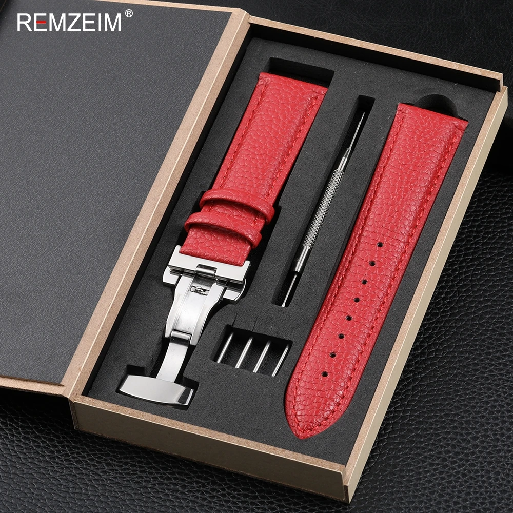 Elegant Litchi Leather Wrist Band with Butterfly Buckle & Gift Box Packaging