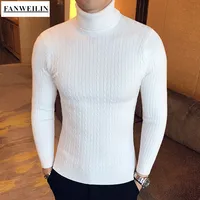 Casual Men Winter High Solid Color Sweater Turtleneck Brand Mens White Sweaters Slim Knitted Fit Pullover Twist Striped Knitwear 1